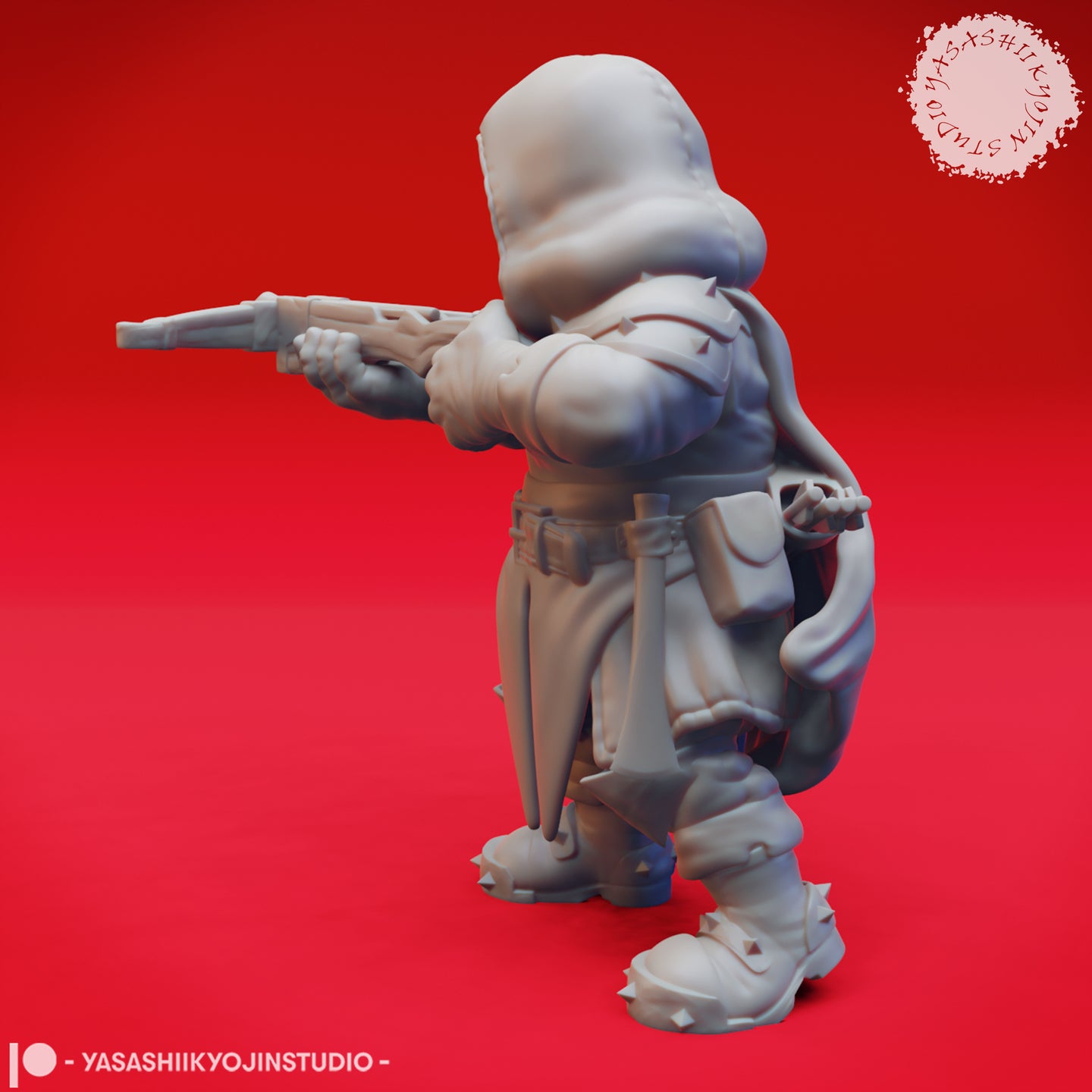 Three-quarter rear-left render of the unpainted grey Duergar crossbowman miniature, showing a large pack on the back, a secondary weapon at the hip, and the crossbow extended outward in an aiming pose, with spiked armour details visible on the legs and feet