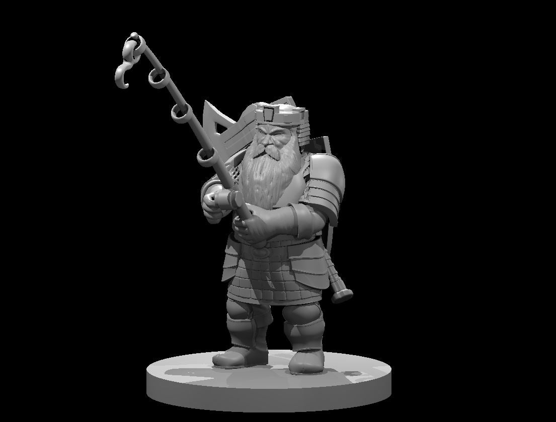 Grey resin 3D render of a stocky male dwarf cleric in layered plate armour, holding a crossbow-staff weapon across his chest, with a full white beard, helmet, and pack on his back, mounted on a round base at 32mm scale