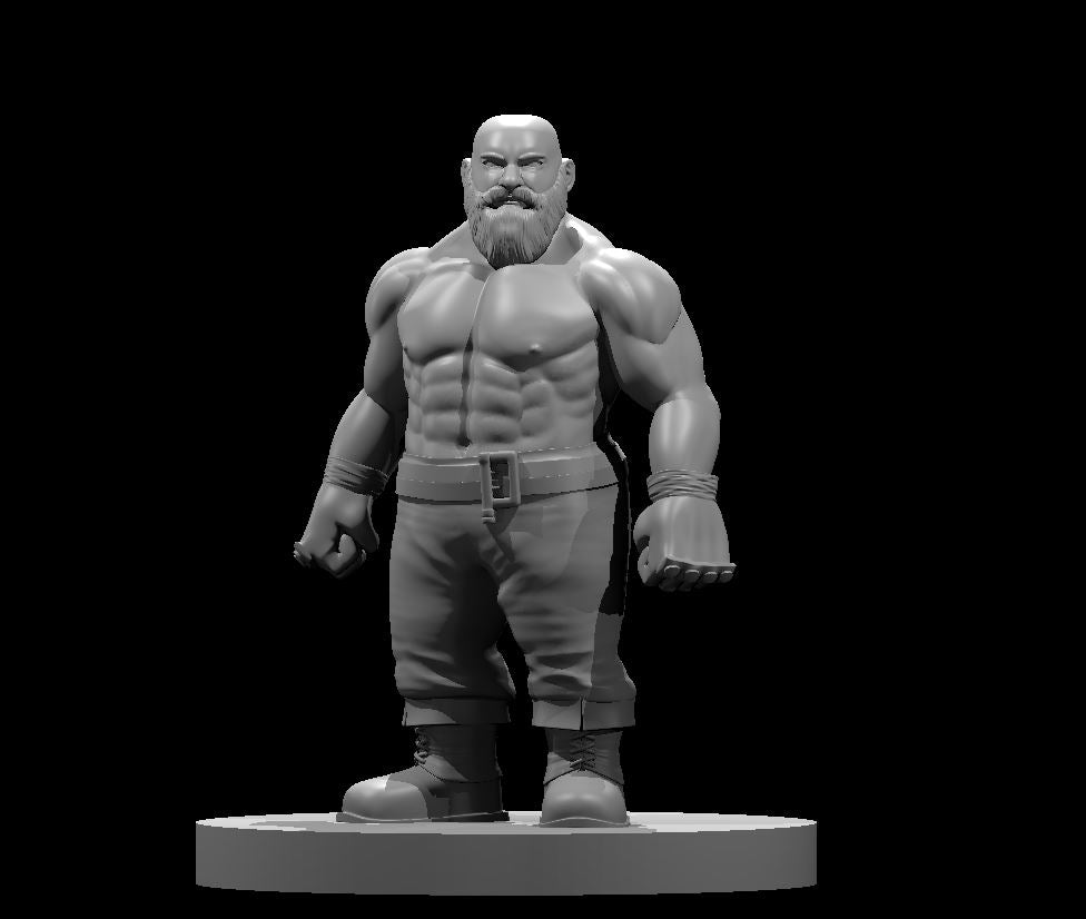 Grey resin render of a stocky bald dwarven monk miniature at 32mm scale — bare-chested with a trimmed beard, wrapped fists raised slightly, wearing a belted trousers and heavy lace-up boots, standing on a plain round base
