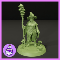 Digital render of an unpainted green resin Female Dwarf Spore Druid miniature at 32mm scale. The stout dwarven figure wears a wide-brimmed witch's hat topped with toadstools, a layered leather jerkin, and a braided beard. She carries a tall gnarled staff crowned with stacked mushroom caps. The scenic round base is detailed with scattered fungi and rock formations.