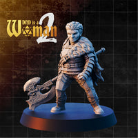 Stocky dwarf female fighter standing in a wide combat stance, lowering an ornate knotwork battleaxe, fur-collared leather armour, sword over shoulder, confident expression. Sculpt by DnD Is A Woman.