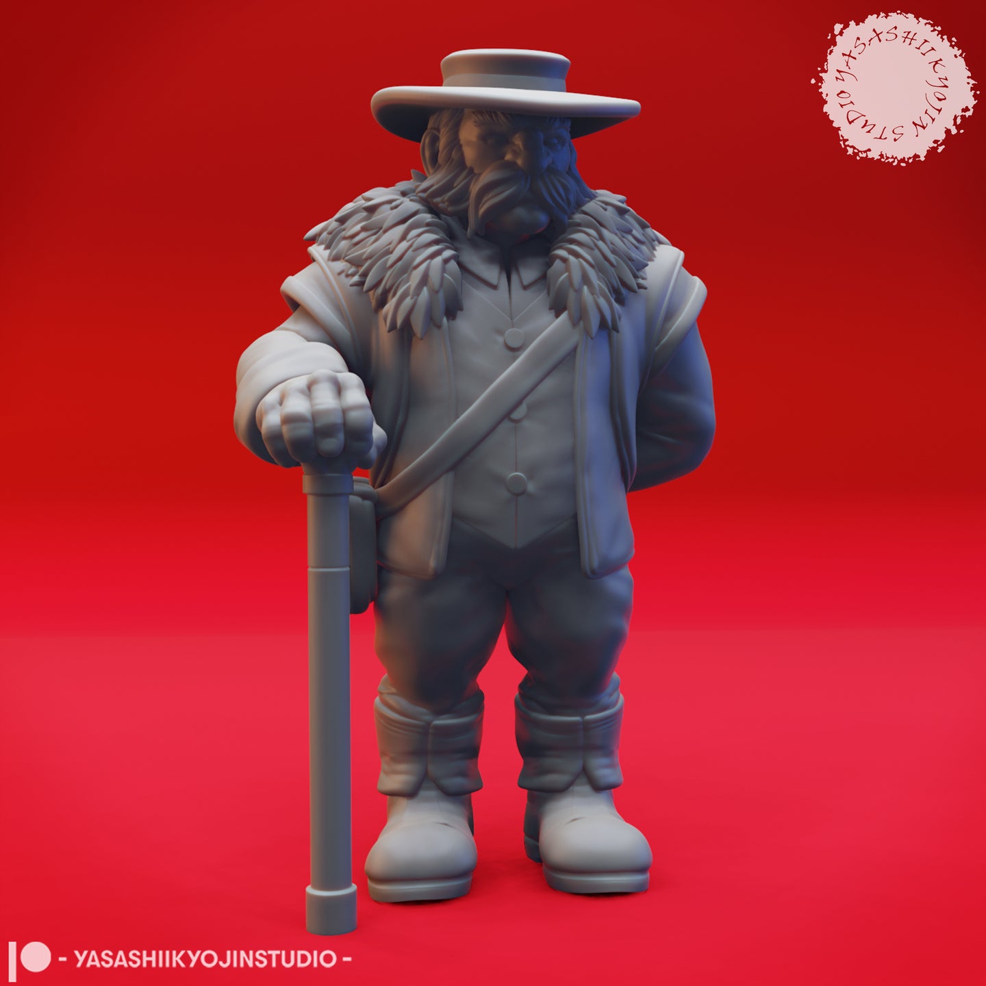Front view of an unpainted grey resin 32mm dwarf miniature — stocky build, wide-brim hat, feathered collar, long coat, walking staff in right hand, satchel strap across chest, calf-wrapped boots