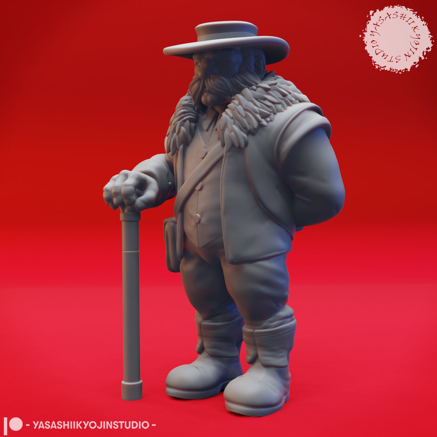 Three-quarter side view of the unpainted grey Rockseeker dwarf miniature showing feathered collar detail, long coat, satchel strap, and staff grip from the left side