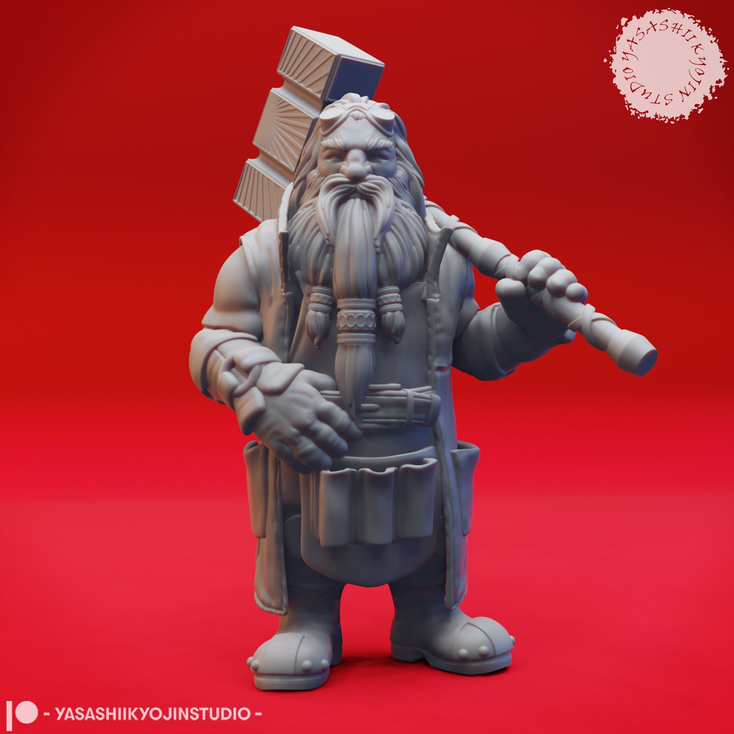 Front view of an unpainted grey resin dwarf miniature — Rockseeker 02 by Yasashii Kyojin Studio — showing a stocky bearded dwarf in a heavy duster coat, maul rested across both shoulders, smaller club in one hand, tool pouches on belt, braided beard with cord wrap