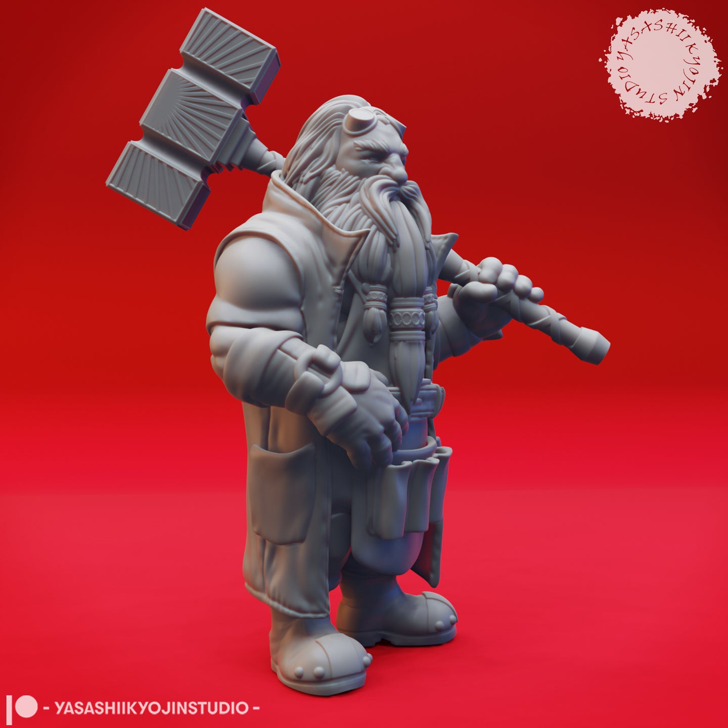 Three-quarter rear view of the Rockseeker 02 dwarf miniature showing the large layered maul head rising behind the dwarf's shoulder, long flowing hair, padded coat detail, and utility belt pouches