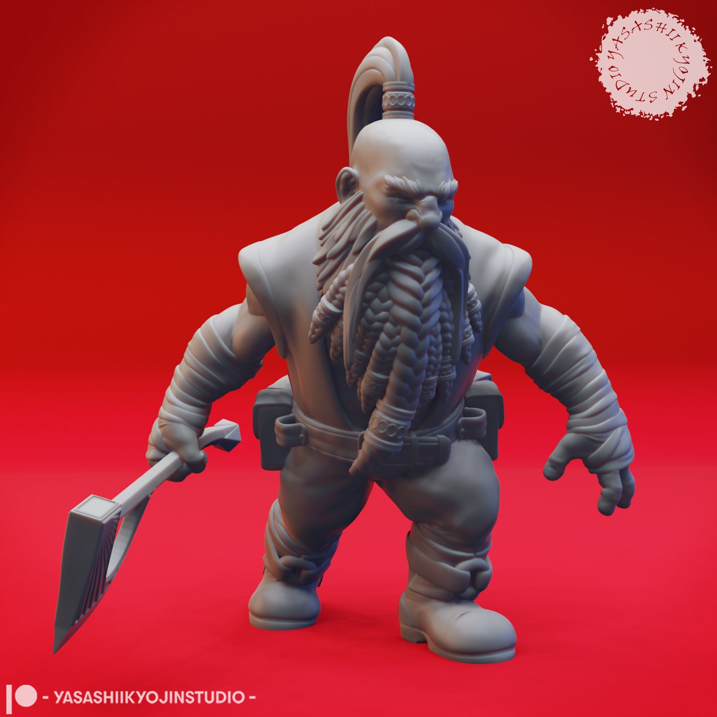 Front view of an unpainted grey resin dwarf miniature — Rockseeker 03 — showing a stocky bald warrior with an elaborate braided beard, ornate topknot, cloth-wrapped forearms, belt pouches, and a long-hafted axe held low in his right hand, leaning forward in a threatening stance