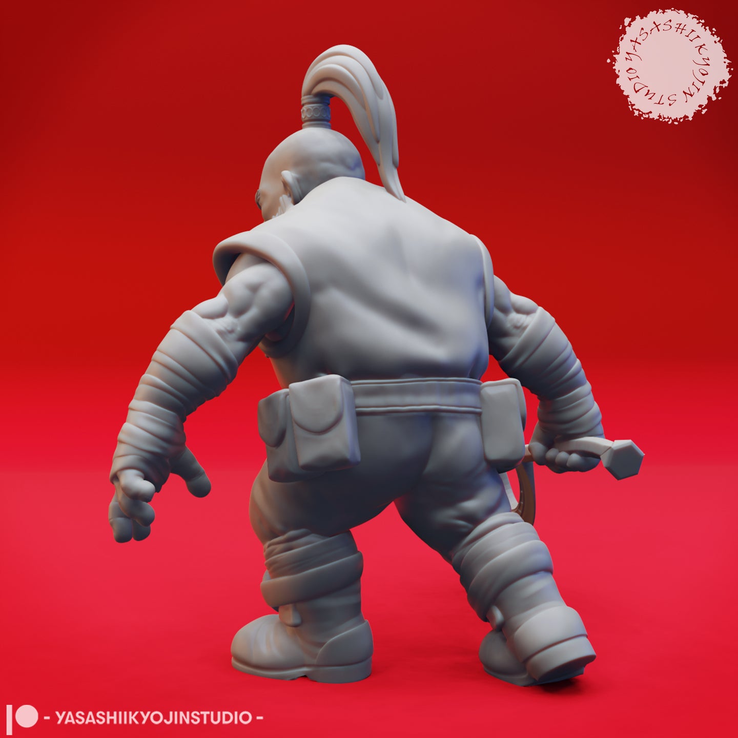 Rear view of the unpainted grey resin Rockseeker 03 dwarf miniature, showing the back of the topknot, heavily muscled shoulders, cloth wrappings on the arms and shins, belt pouches, and a short blade hanging at the hip on the right side