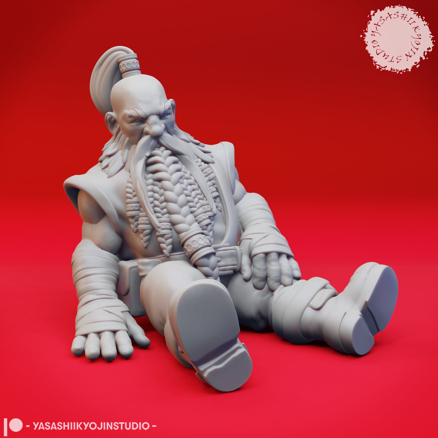 Three-quarter view of an unpainted grey resin dwarf miniature seated on the ground, legs extended forward, with a long intricately braided and beaded beard, shaved head with a decorated topknot, open robe over a broad chest, and heavily wrap-bandaged forearms resting at his sides