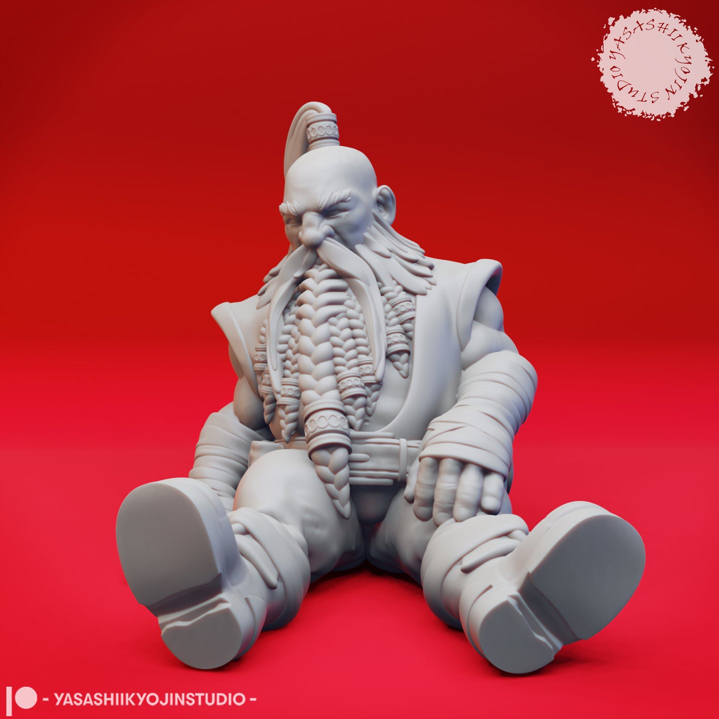 Front-facing view of the unpainted grey resin seated dwarf miniature showing the full detail of the braided beard falling in two thick plaits down his chest, bound with decorative rings, and his wide buckled boots visible at the base