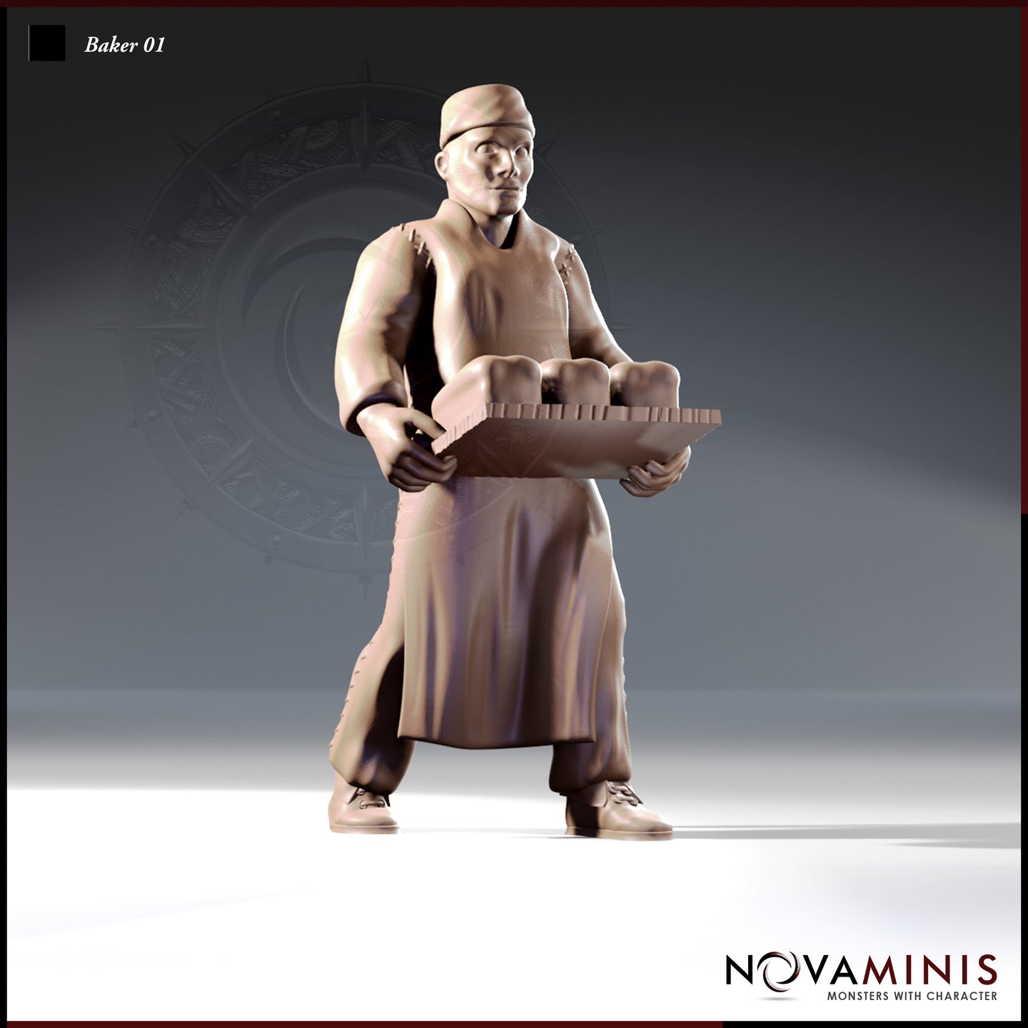 Front-facing digital render of Baker 01 miniature by Novaminis — a male human baker in cap, apron and sturdy shoes, holding a wooden tray loaded with bread loaves at waist height. Unpainted clay-coloured resin render at 32mm scale.