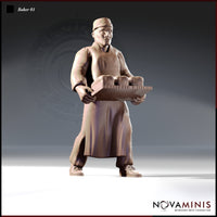 Front-facing digital render of Baker 01 miniature by Novaminis — a male human baker in cap, apron and sturdy shoes, holding a wooden tray loaded with bread loaves at waist height. Unpainted clay-coloured resin render at 32mm scale.