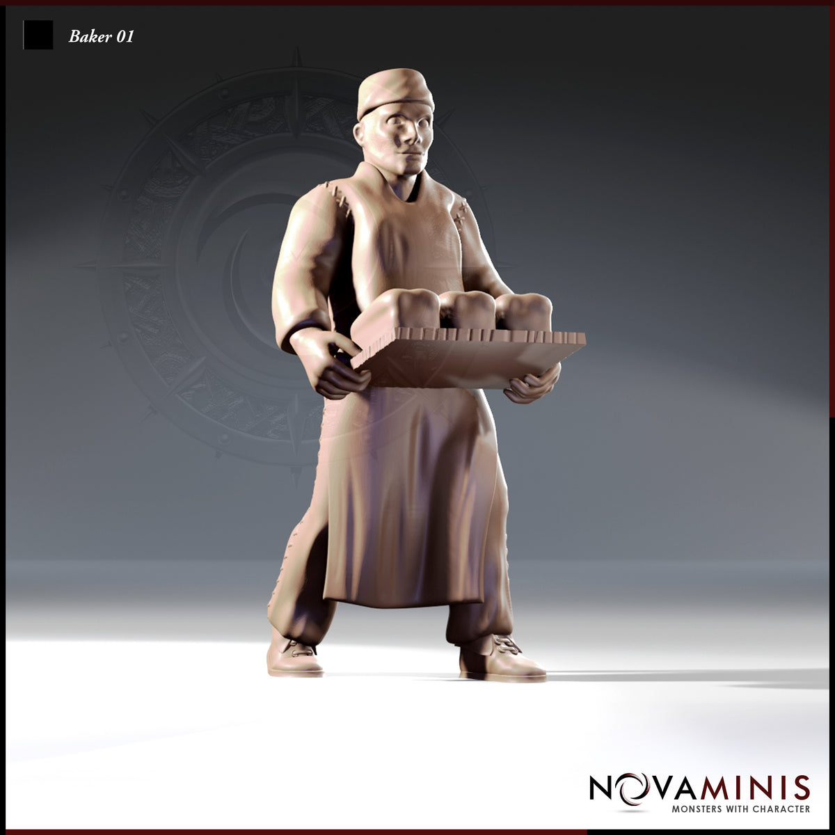 Front-facing digital render of the Baker 01 miniature by Novaminis — a stout male human baker in a flat cap and long apron, carrying a wooden tray of loaves at 32mm scale, unpainted grey resin render