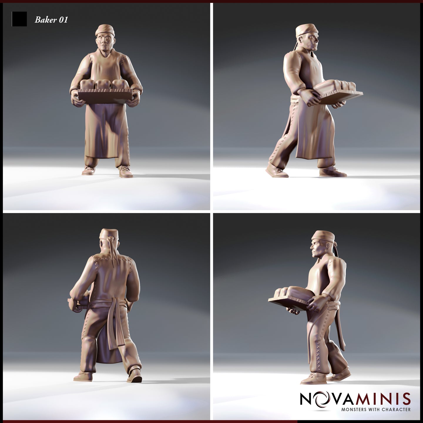 Four-angle digital render of Baker 01 miniature by Novaminis showing front, side, rear, and three-quarter views — male baker in long apron carrying a bread tray, with stitched seam detail visible on clothing. Unpainted clay-coloured render.