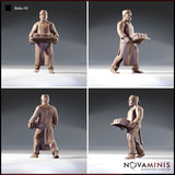 Four-angle digital render of Baker 01 miniature by Novaminis showing front, side, rear, and three-quarter views — male baker in long apron carrying a bread tray, with stitched seam detail visible on clothing. Unpainted clay-coloured render.