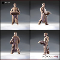 Four-angle digital render of Baker 01 miniature by Novaminis showing front, side, rear, and three-quarter views — male baker in long apron carrying a bread tray, with stitched seam detail visible on clothing. Unpainted clay-coloured render.