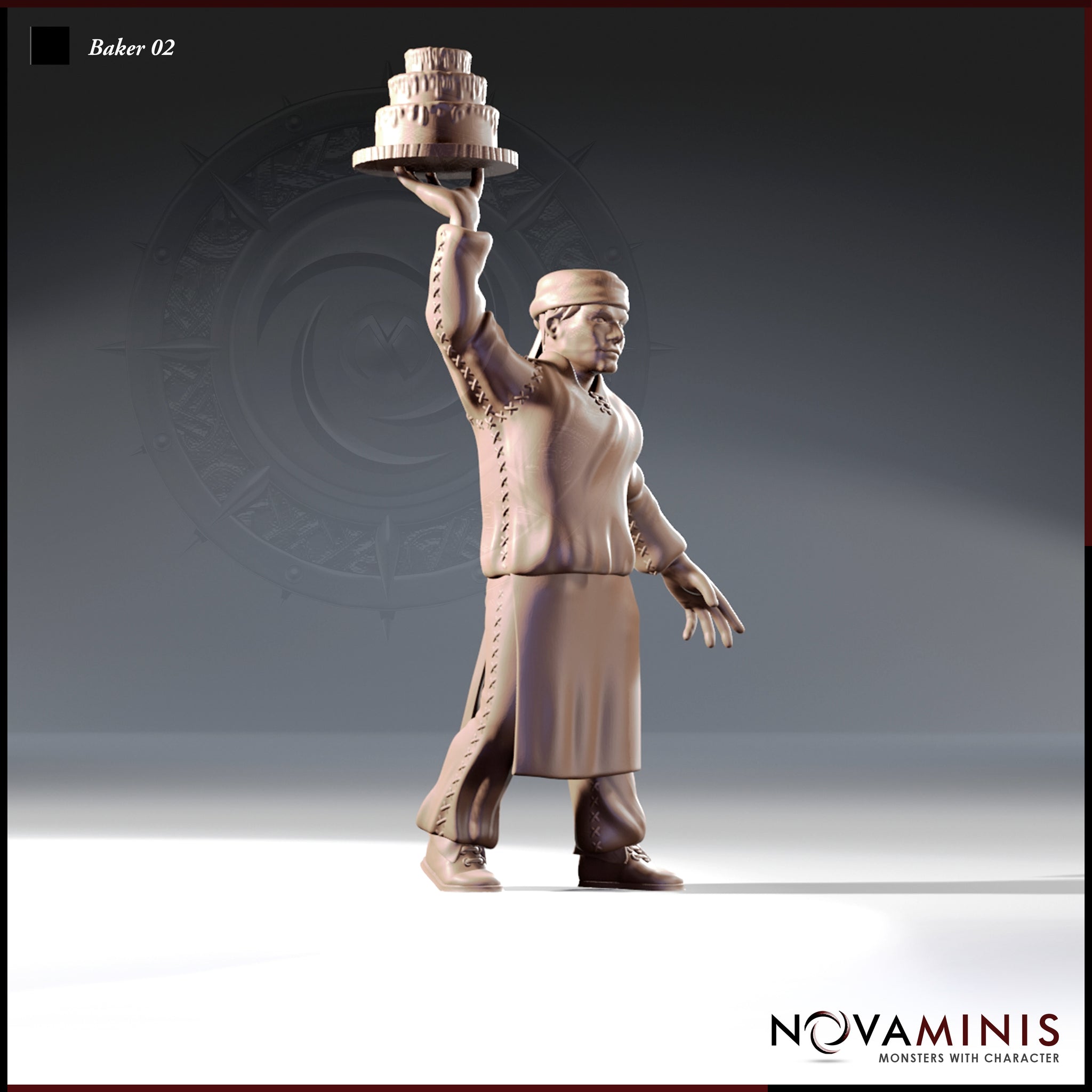 Digital render of Baker 02 miniature by Novaminis — a male human baker in headband and apron, striding confidently with one arm raised high to balance a three-tiered celebration cake on a platter. Unpainted clay-coloured render at 32mm scale.
