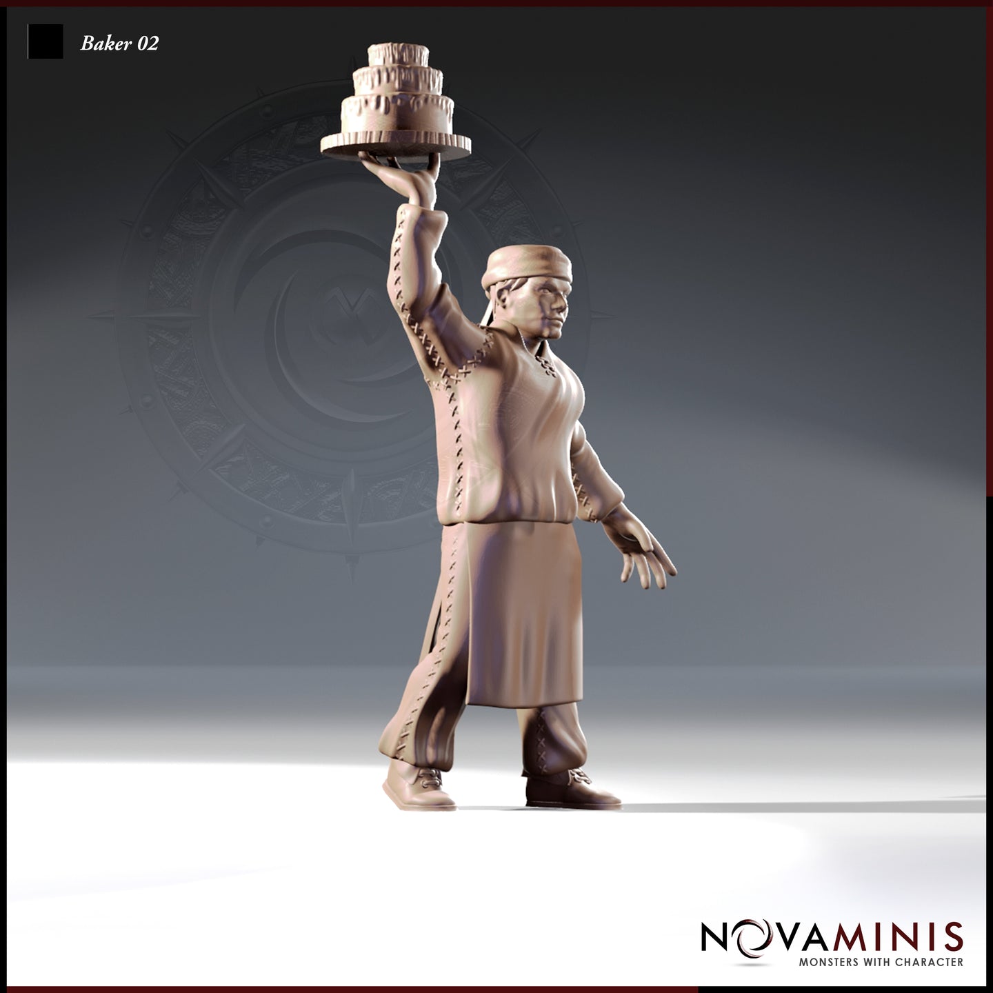 32mm resin miniature of a male human baker holding a three-tiered celebration cake aloft on a flat board, wearing a headband, laced linen tunic, apron skirt, and boots — unpainted grey render by Novaminis, front three-quarter view