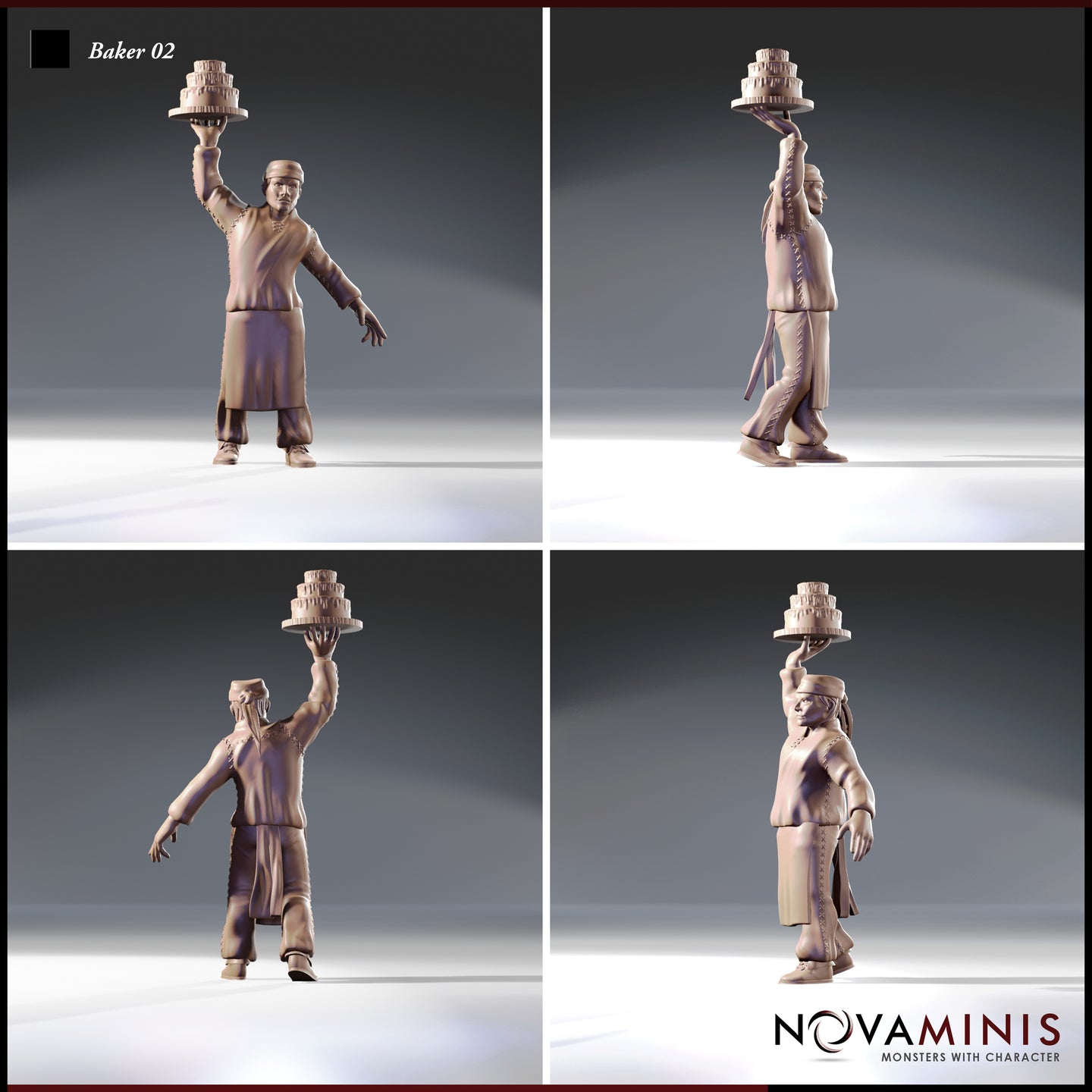 Four-angle turnaround render of the Novaminis Baker 02 miniature showing front, side, back, and opposite side views — male human baker in apron holding a tiered cake on a board, unpainted grey resin detail