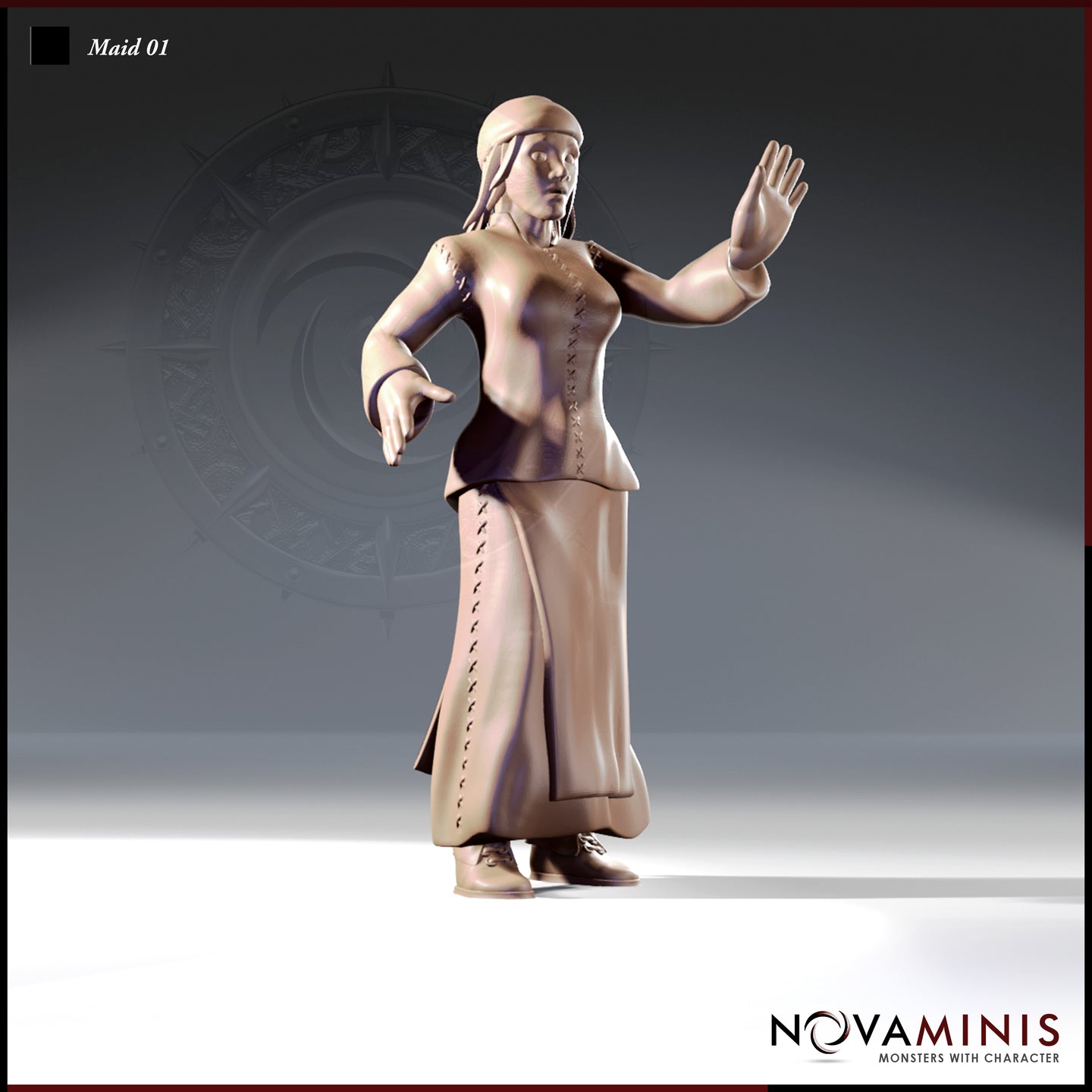 32mm scale unpainted resin miniature of Maid 01 by Novaminis — a medieval woman in a laced bodice and long skirt, one hand raised in a warning gesture, braided hair held by a headband, wide-eyed expression of alarm