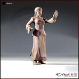 32mm scale unpainted resin miniature of Maid 01 by Novaminis — a medieval woman in a laced bodice and long skirt, one hand raised in a warning gesture, braided hair held by a headband, wide-eyed expression of alarm