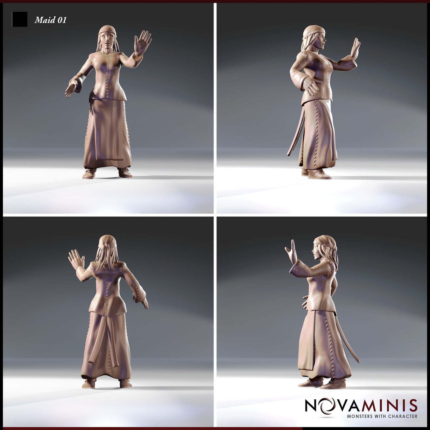 Four-angle view of the Maid 01 miniature by Novaminis — showing front, side, back, and three-quarter perspectives of the unpainted resin sculpt in a cross-stitch detailed skirt with an outstretched warning hand