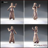 Four-angle view of the Maid 01 miniature by Novaminis — showing front, side, back, and three-quarter perspectives of the unpainted resin sculpt in a cross-stitch detailed skirt with an outstretched warning hand