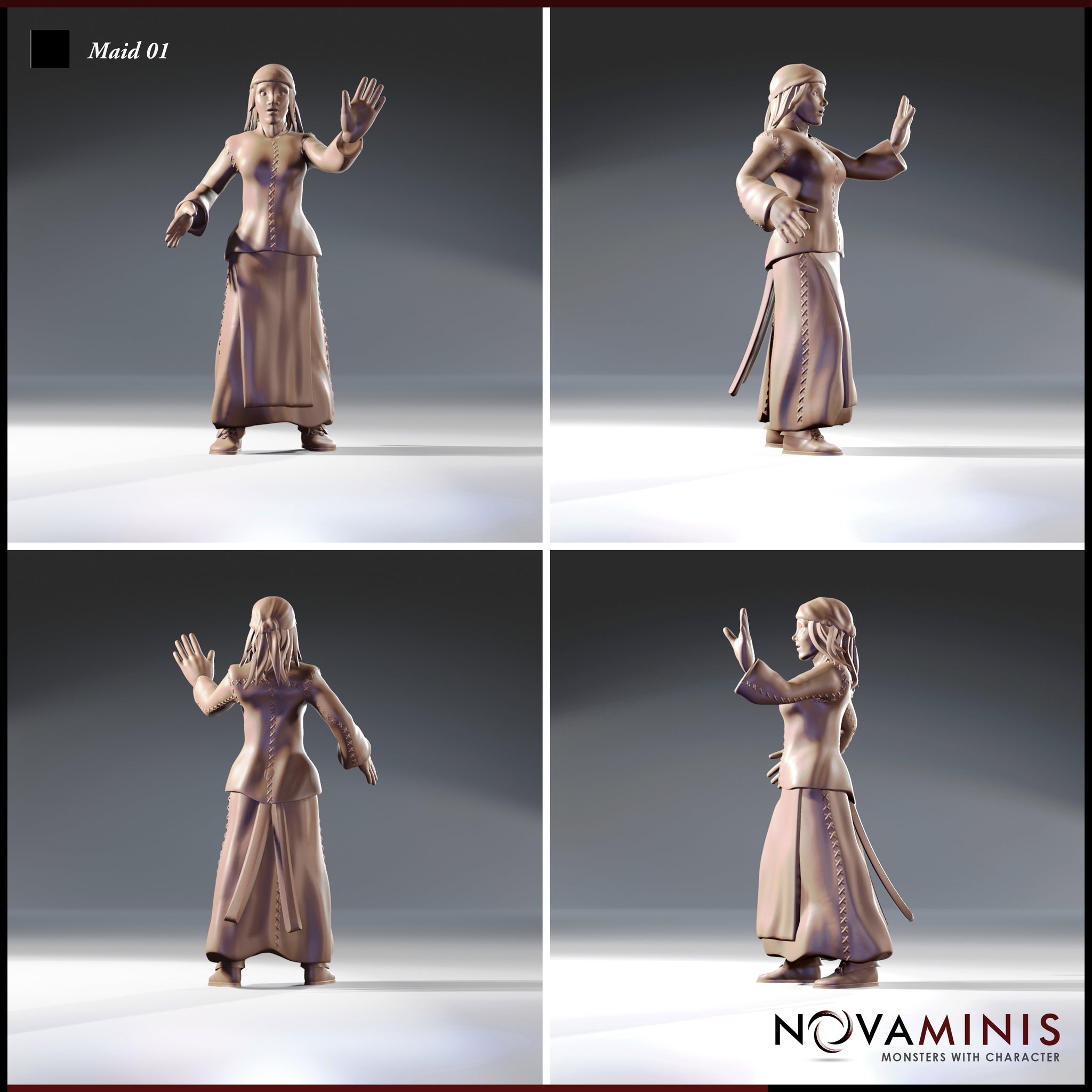 Four-angle view of the Maid 01 miniature by Novaminis — showing front, side, back, and three-quarter perspectives of the unpainted resin sculpt in a cross-stitch detailed skirt with an outstretched warning hand