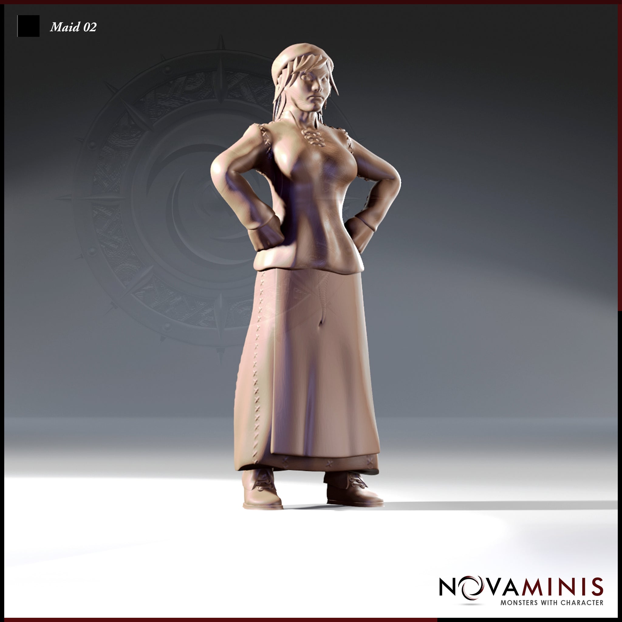 32mm scale unpainted resin miniature of Maid 02 by Novaminis — a medieval woman in a fitted bodice and long laced skirt, standing with both hands planted firmly on her hips in a confident, authoritative pose