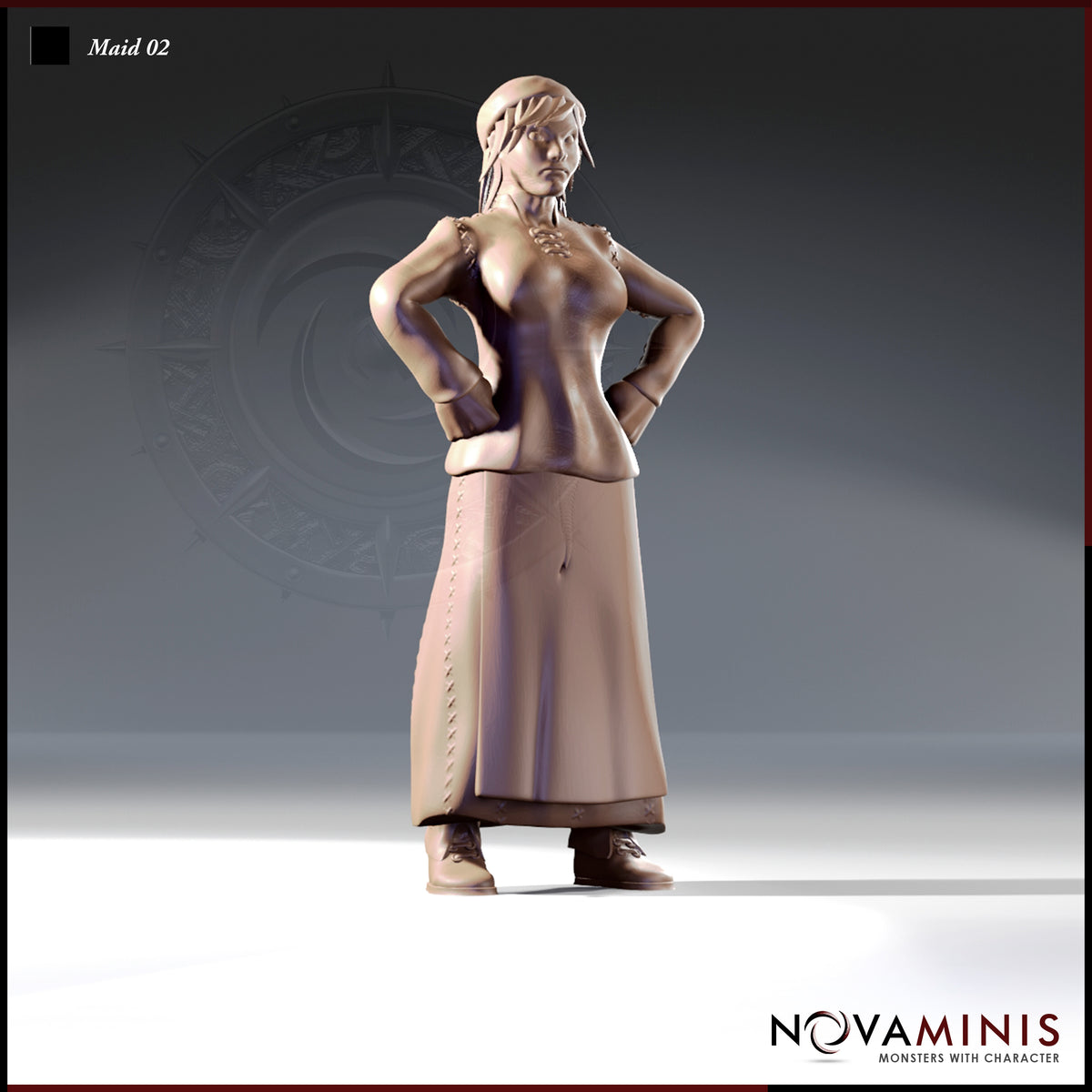 Front view of Maid 02 — an unpainted 32mm resin miniature of a tavern woman standing with both hands on hips, wearing a long stitched skirt, laced bodice, and boots, with braided hair loosely tied back. Digital render by Novaminis.