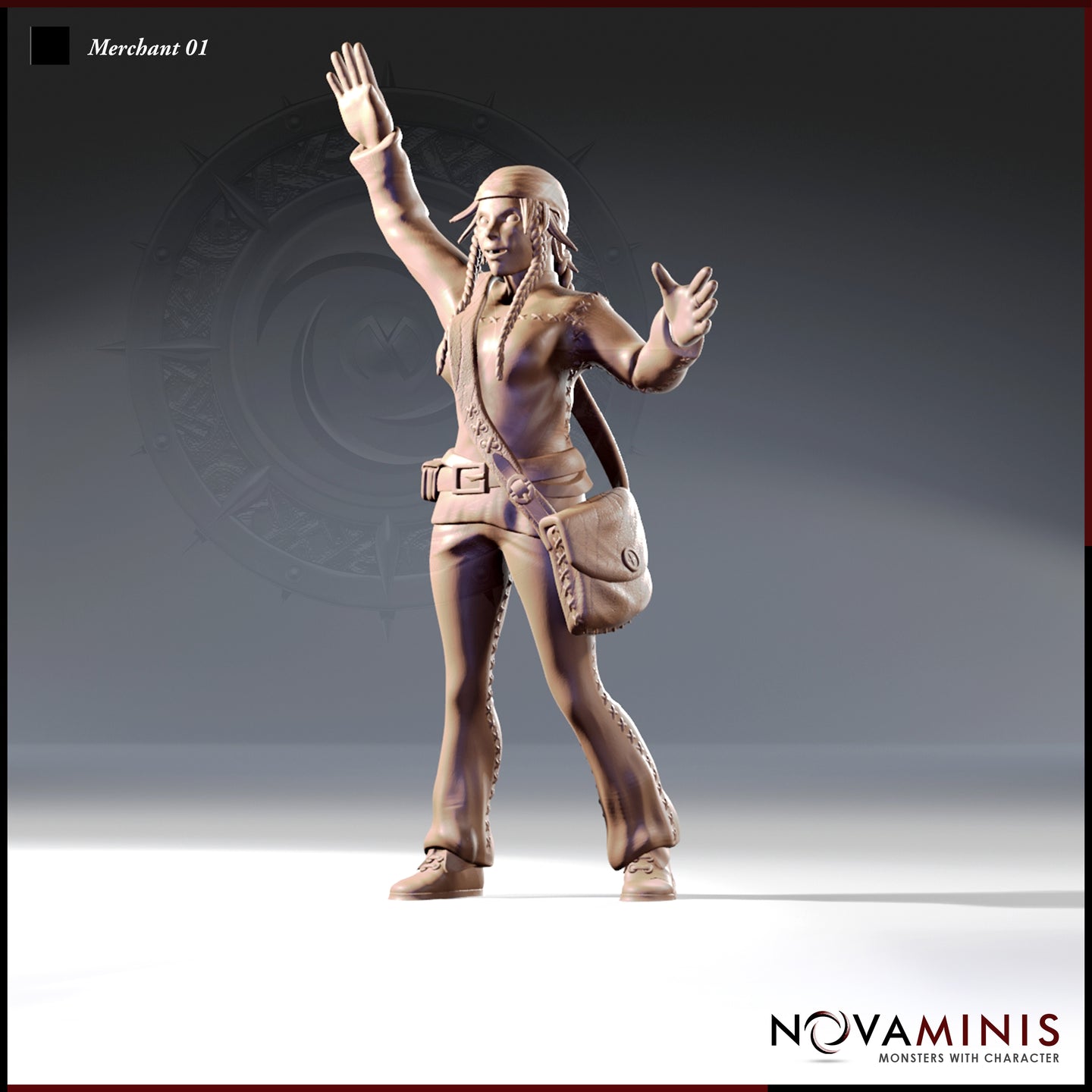 Front view digital render of Merchant 01 miniature by Novaminis — a female figure in leather vest, wide-legged stitched trousers, and braided hair, one arm raised high and the other extended open-palmed, with a satchel at her hip. Unpainted 32mm scale resin.