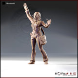 Front three-quarter view of Novaminis Merchant 01 digital render — a female human figure in open leather vest, flared stitched trousers, and headband, with long braided hair, one arm raised high in greeting and the other extended forward, a leather satchel slung at her hip and a belt pouch at her waist, unpainted resin-coloured sculpt at 32mm scale