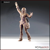 Front three-quarter view of Novaminis Merchant 01 digital render — a female human figure in open leather vest, flared stitched trousers, and headband, with long braided hair, one arm raised high in greeting and the other extended forward, a leather satchel slung at her hip and a belt pouch at her waist, unpainted resin-coloured sculpt at 32mm scale