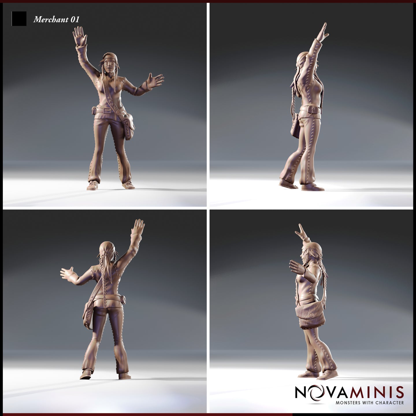 Four-angle turnaround of Novaminis Merchant 01 digital render showing front, back, and two side views of the female merchant miniature — braided hair with detailed stitching on trousers and vest visible from all angles, leather satchel detail clear on side views, confident open-arm pose consistent across all angles, unpainted 32mm scale sculpt