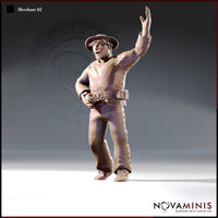 Front view digital render of Merchant 02 miniature by Novaminis — a stocky male figure wearing a wide-brimmed hat, open-necked shirt, belted trousers, and belt pouch, one arm raised and the other hand holding a small round object. Unpainted 32mm scale resin.