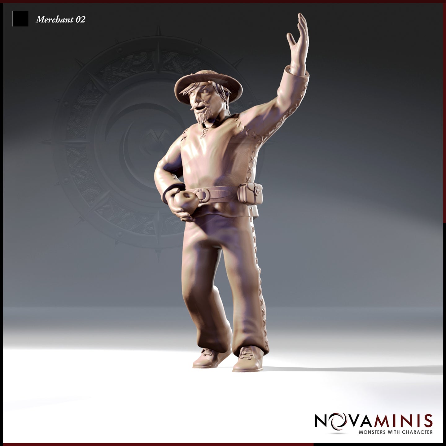 Front-facing digital render of the Merchant 02 miniature by Novaminis — an unpainted 32mm male human figure in a wide-brimmed hat and laced leather jacket, one arm raised in greeting and the other hand clutching a small round object at his belt