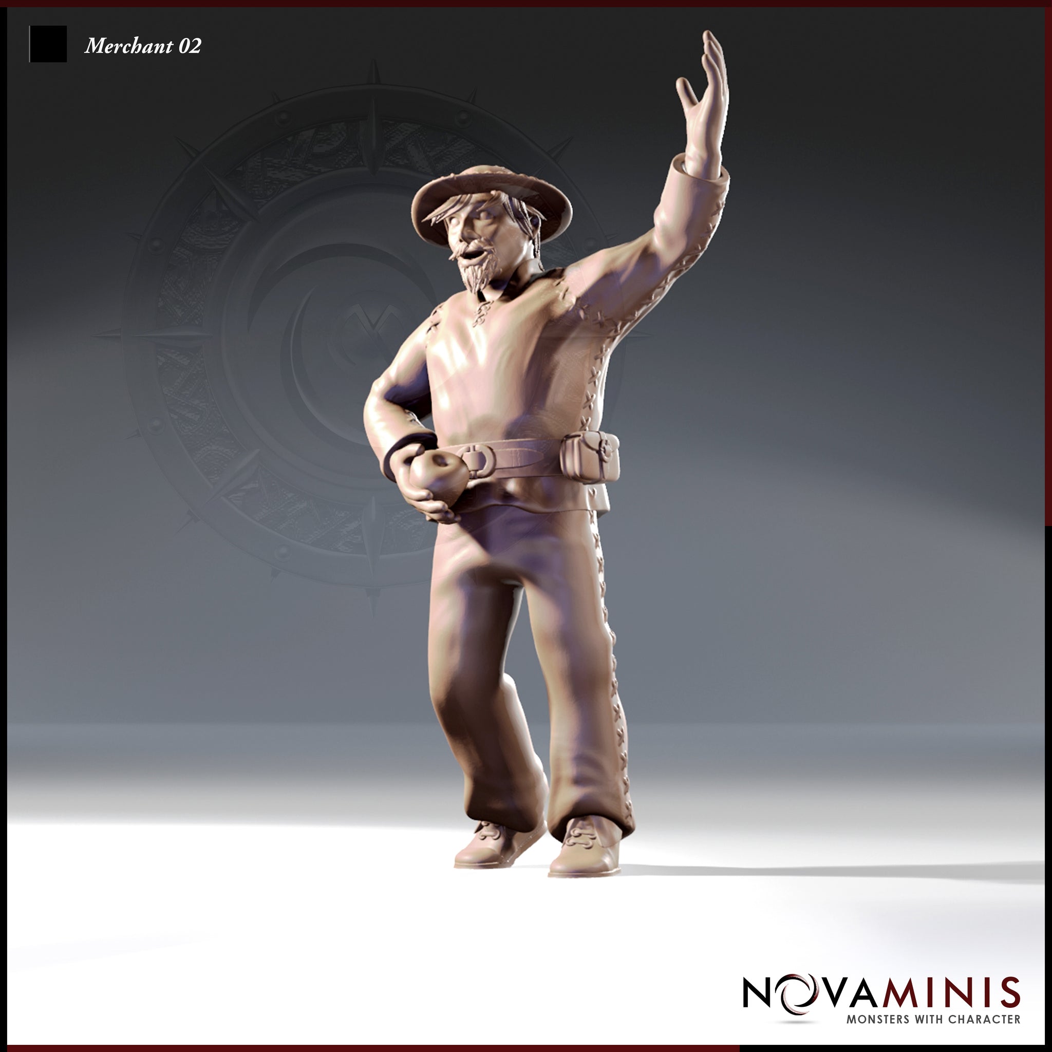 Front-facing digital render of the Merchant 02 miniature by Novaminis — an unpainted 32mm male human figure in a wide-brimmed hat and laced leather jacket, one arm raised in greeting and the other hand clutching a small round object at his belt