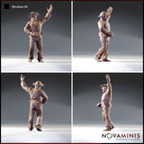 Four-angle digital render of the Merchant 02 miniature by Novaminis showing front, side, back, and three-quarter views of an unpainted 32mm male human traveller in a wide-brimmed hat, stitched leather coat, and belted trousers with a raised greeting hand