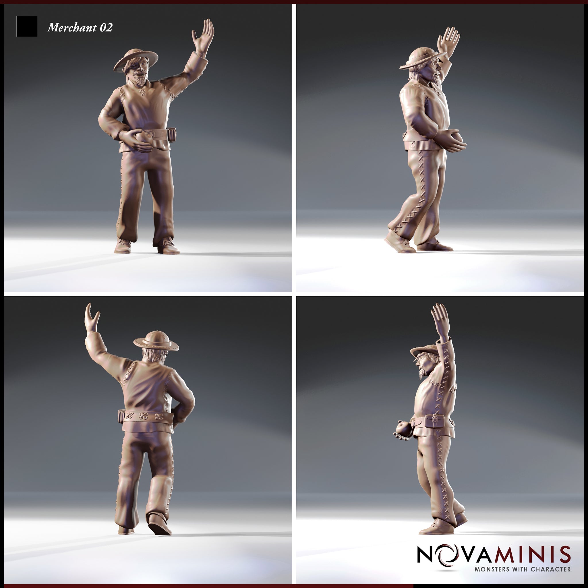 Four-angle digital render of the Merchant 02 miniature by Novaminis showing front, side, back, and three-quarter views of an unpainted 32mm male human traveller in a wide-brimmed hat, stitched leather coat, and belted trousers with a raised greeting hand