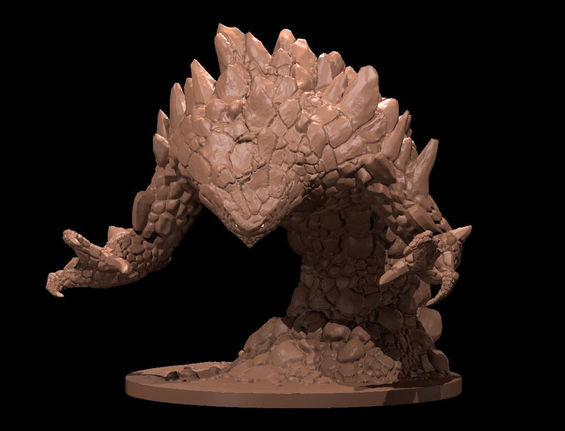 Digital render of the Earth Elemental MM2025 miniature by MZ4250 — an unpainted resin-coloured sculpt of a hulking stone creature with a crystal-spiked dorsal crest, overlapping rock-plate scales, and two outstretched clawed arms, mounted on a rubble-textured circular base, viewed from a three-quarter front angle
