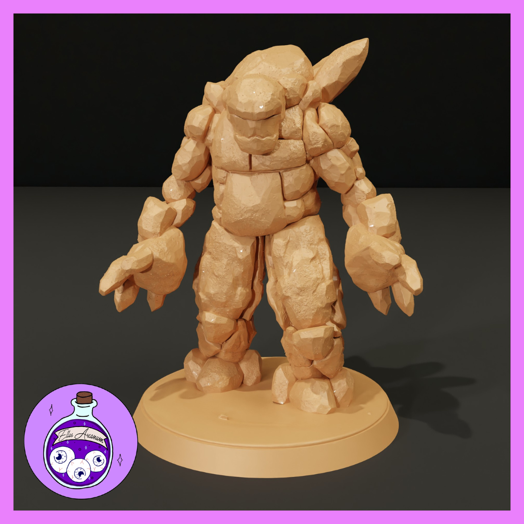 Unpainted resin earth elemental miniature at 32mm scale — a digital render showing a hulking figure composed of angular faceted stone, with crystal shards jutting from its shoulders and head, low-hanging clawed fists, and a wide authoritative stance. Ella's Arcanum Minis logo visible in the lower left corner.