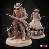 Digital render showing front and rear views of the Earth Elemental Cowboy miniature — an elemental humanoid figure wearing a cowboy hat and face wrap, body covered in jagged stone plates and crystal shards, holding a lever-action rifle across his chest with a bandolier, standing on a rocky crystal base