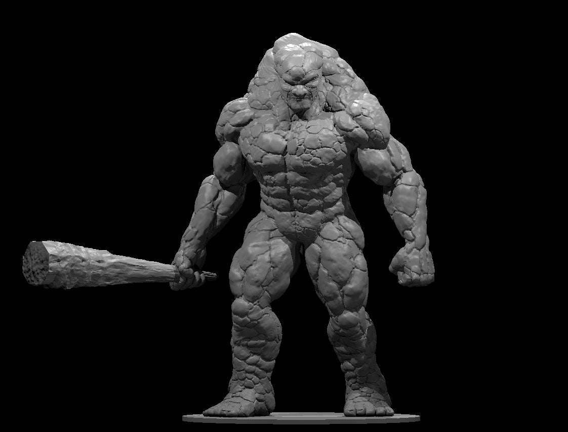 Grey unpainted digital render of the Earth Titan miniature — a towering stone-skinned humanoid with cracked rock texture across its entire body, holding a large rocky club in its right hand, standing in a forward-leaning stance on a round base