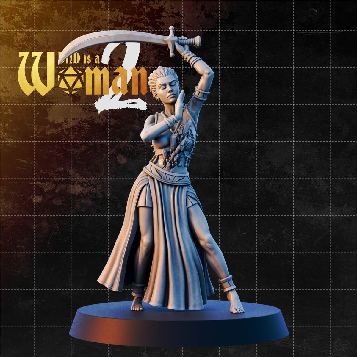 Female Earth Genasi bard raising a curved sword overhead in a flowing sworddance pose, wearing layered robes with a slit skirt, bracers, and arm cuffs, expression calm and composed. Sculpt by DnD is a Woman.