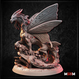 Digital render of the Eastern Fey Butterfly Dragon miniature — an eastern-style dragon with broad veined butterfly wings, swept-back horns, a bearded reptilian jaw, and a muscular coiled body perched on twisted gnarled roots. Shown in grey resin colourway with red accent highlights on the horns and wing undersides.