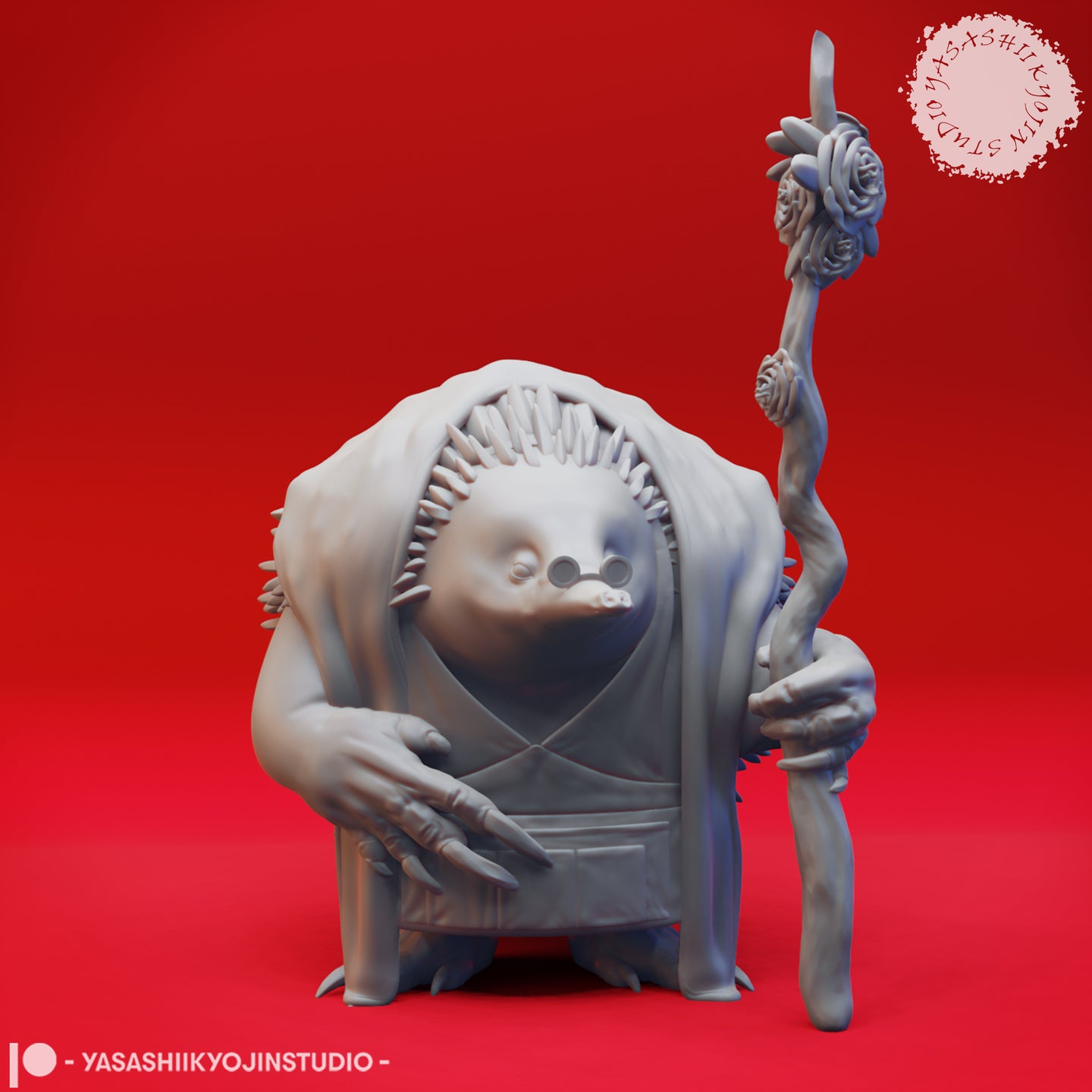 Front-facing digital render of the Aussie-Folk 01 miniature — a hunched echidna-like creature in robes with a quill-covered back, long curved claws on one hand, and a rose-crowned gnarled staff held aloft in the other. Grey unpainted sculpt on a red background.