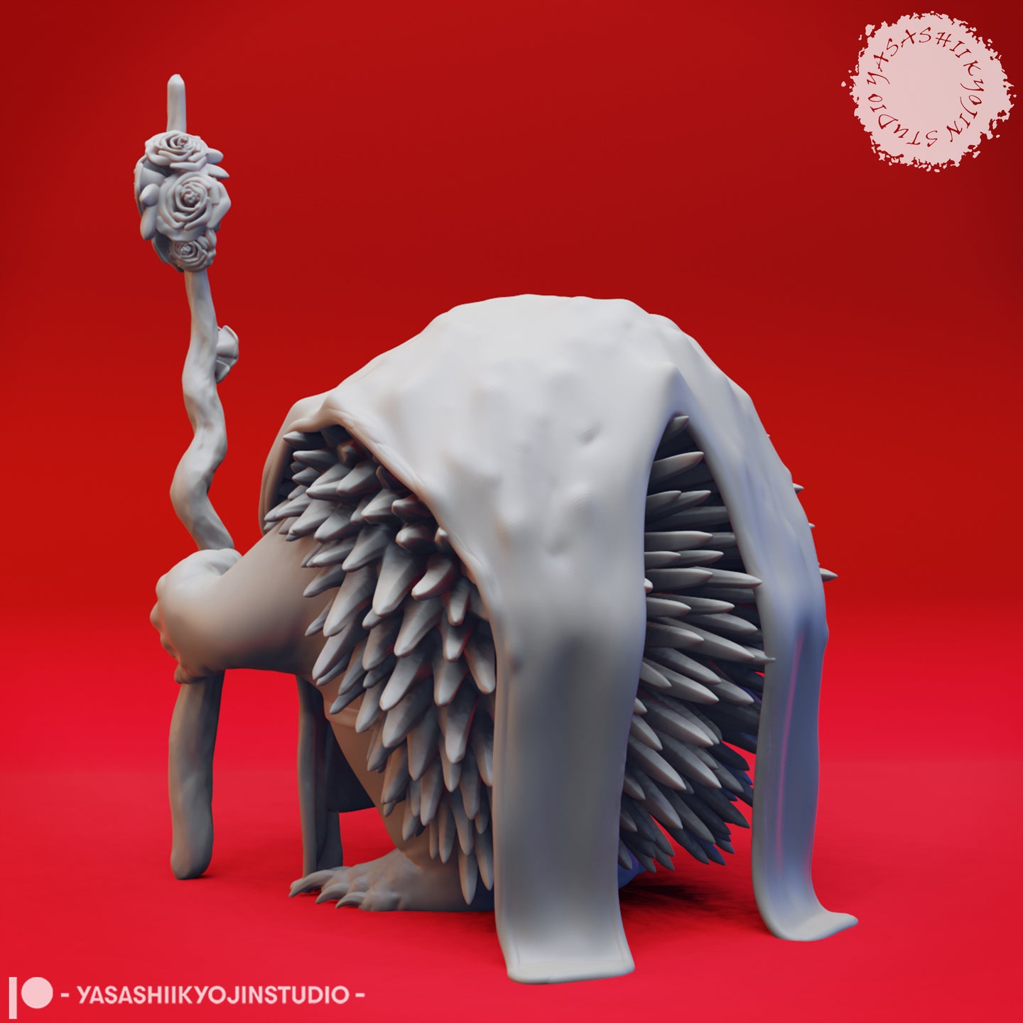 Rear three-quarter digital render of the Aussie-Folk 01 miniature showing the full extent of its layered quill arrangement across the back and flanks, with the twisted rose staff visible to the left. Grey unpainted sculpt on a red background.