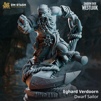 Rear view of a dwarf sailor miniature showing layered leather armour, a heavy rope looped across his back and anchor base, with detailed cloth wrappings at the waist. DM Stash.