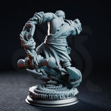 Dwarf sailor miniature with broad shoulders and long braided beard, fist cocked back in a brawling pose, rope wrapped around his raised arm, anchor base beneath him. DM Stash.