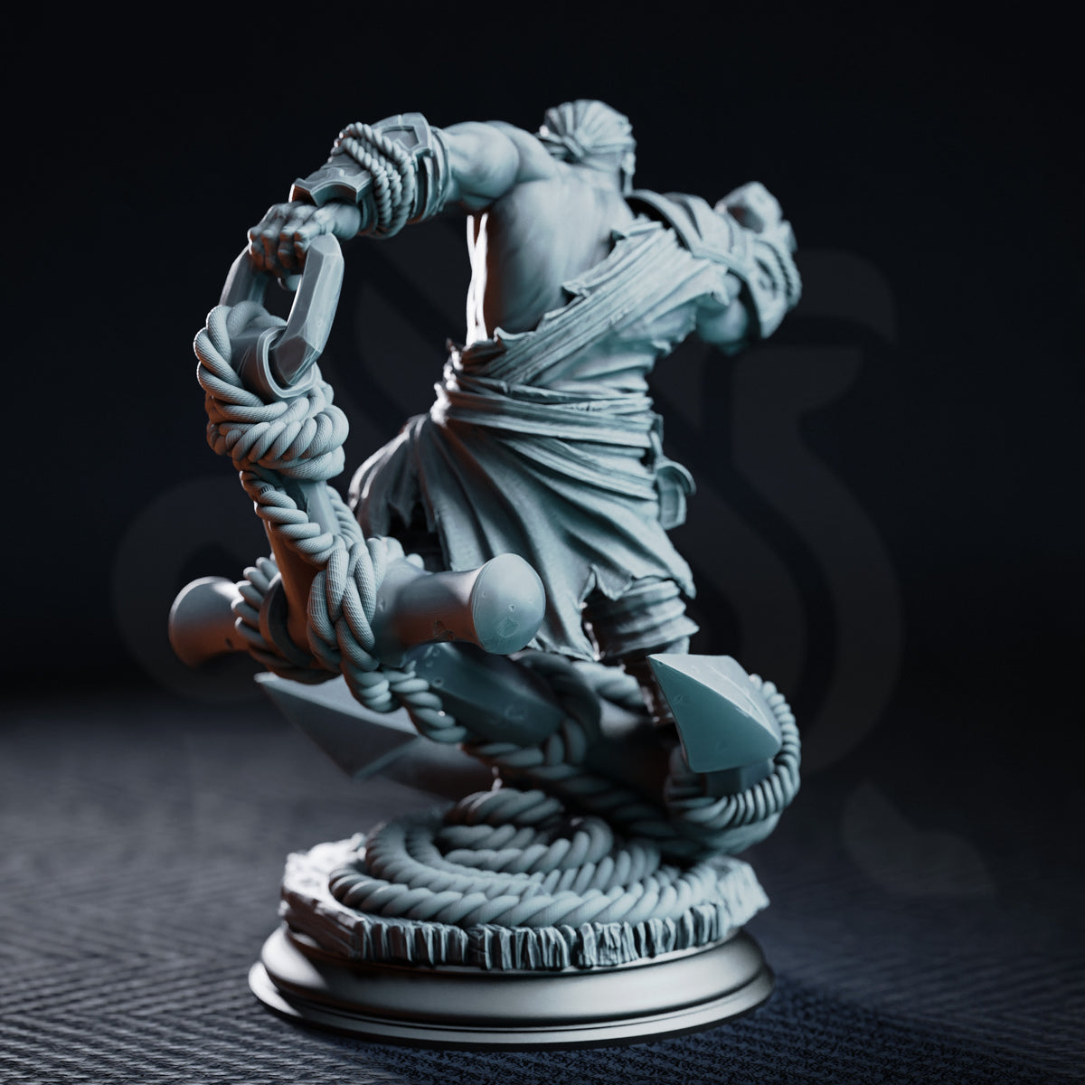 Dwarf sailor miniature with broad shoulders and long braided beard, fist cocked back in a brawling pose, rope wrapped around his raised arm, anchor base beneath him. DM Stash.