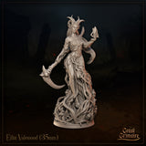 Eilin Valewood 35mm resin miniature — front view showing horned fey sorceress rising from a base of coiled thorned vines, her left arm clad in natural armour trailing a skull-tipped scythe and her right hand raised holding a dark crystal shard, unpainted grey resin render by Great Grimoire